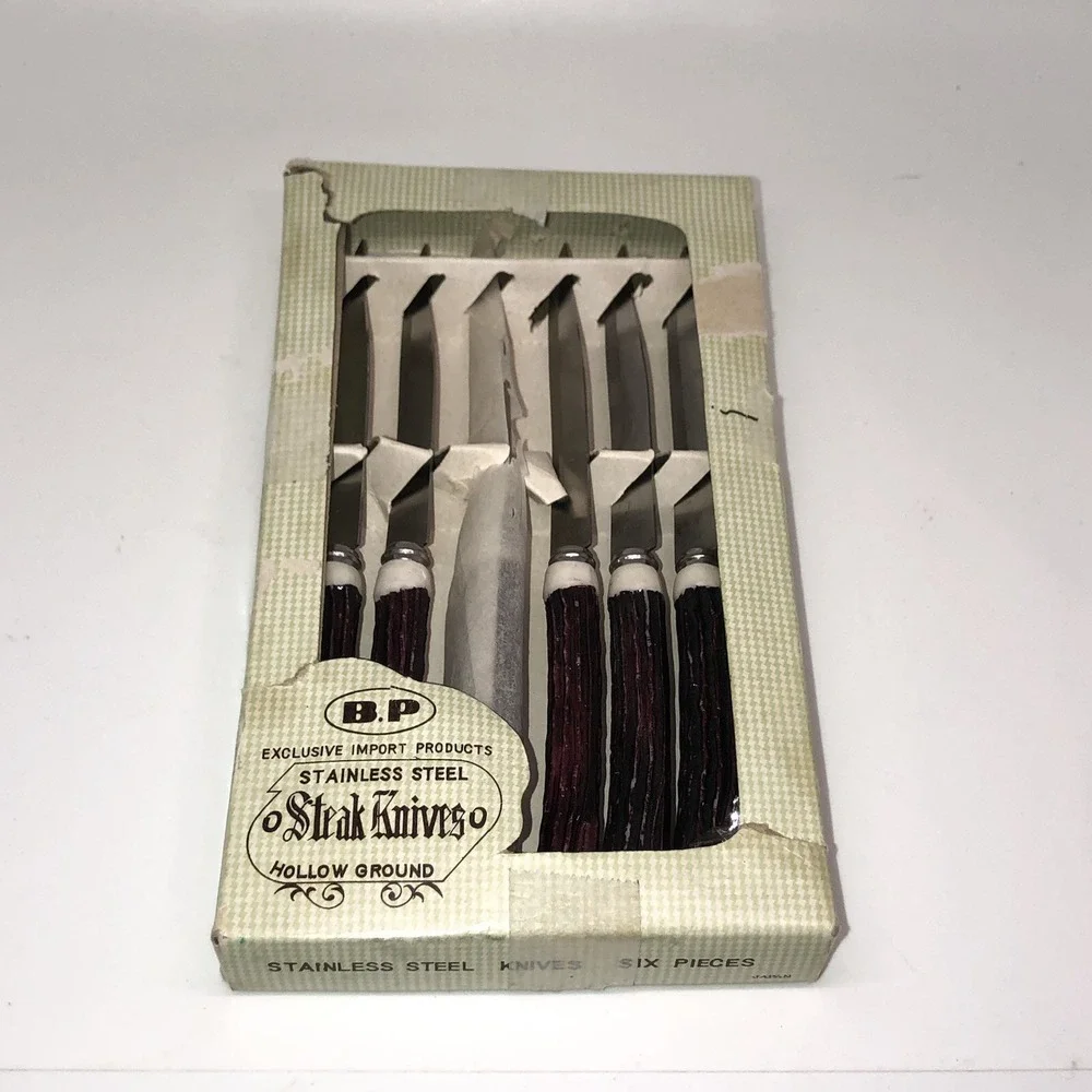 6 Piece Stainless Steel Steak Knives Hollow Ground Vintage Original Box Japan